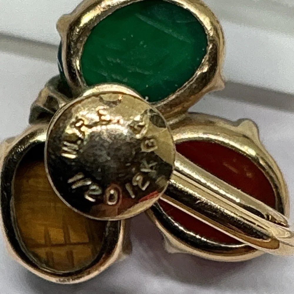 Vintage Scarab Brooch Earrings Set 12K GF Etched Gemstones Mid Century Signed